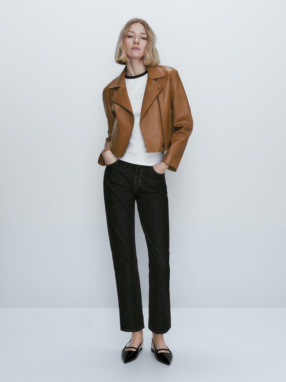 

Байкерская куртка из кожи наппа с полированными краями Massimo Dutti, Коричневый