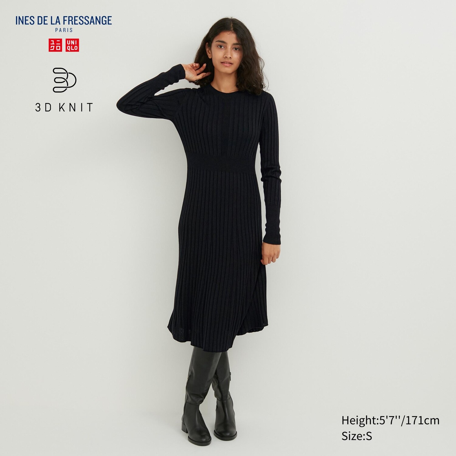 

Бесшовное платье в рубчик с круглым вырезом 3D-вязки Uniqlo, черный