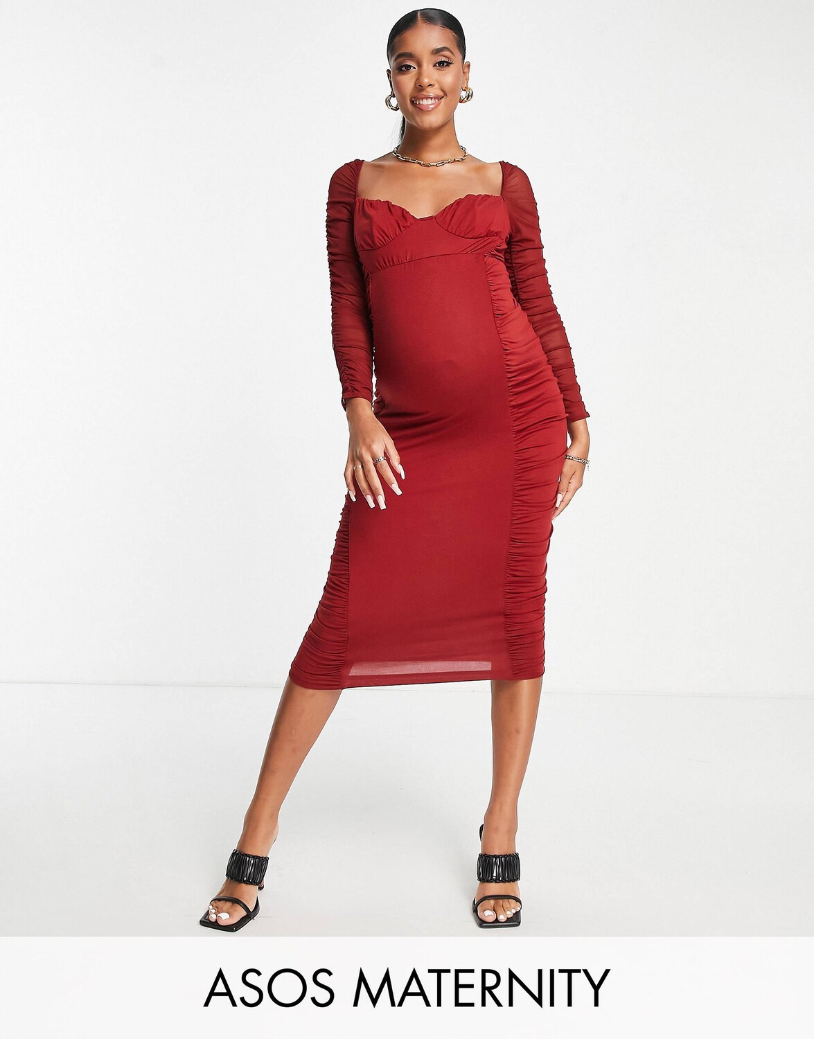

Красное платье миди с сетчатыми рукавами и рюшами ASOS DESIGN Maternity Maternity