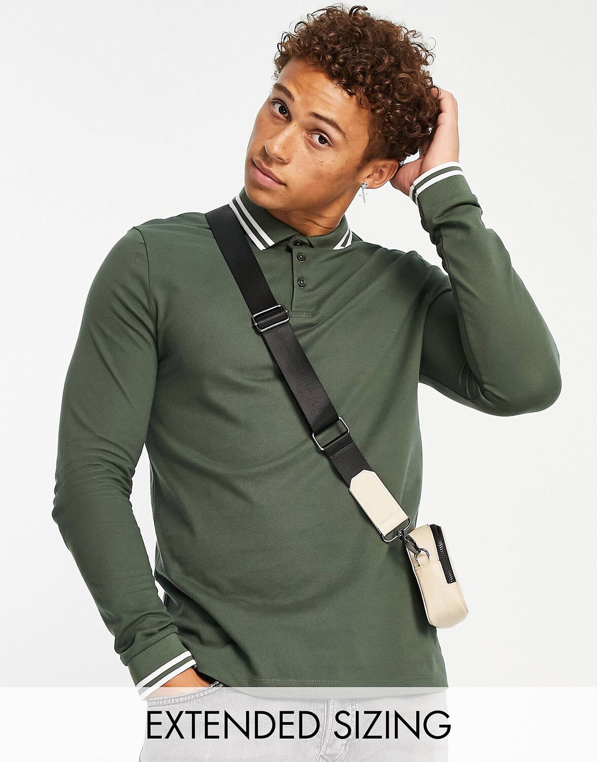 

Рубашка поло цвета хаки из пике с длинными рукавами ASOS DESIGN