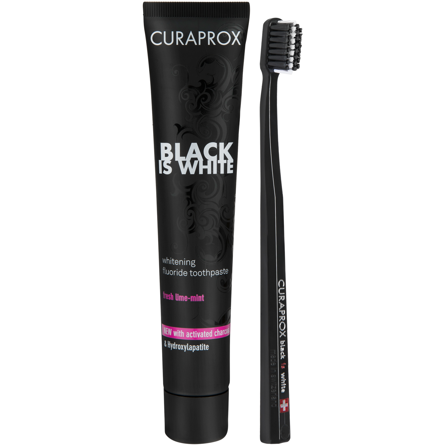 Curaprox Black & White набор: зубная паста с активированным углем, 90 мл + черная зубная щетка, 1 шт.