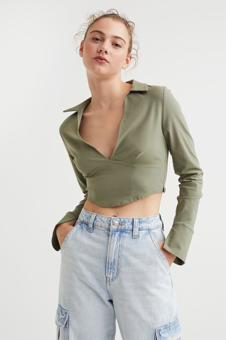 

Корсетная рубашка с V-образным вырезом H&M, хаки зеленый