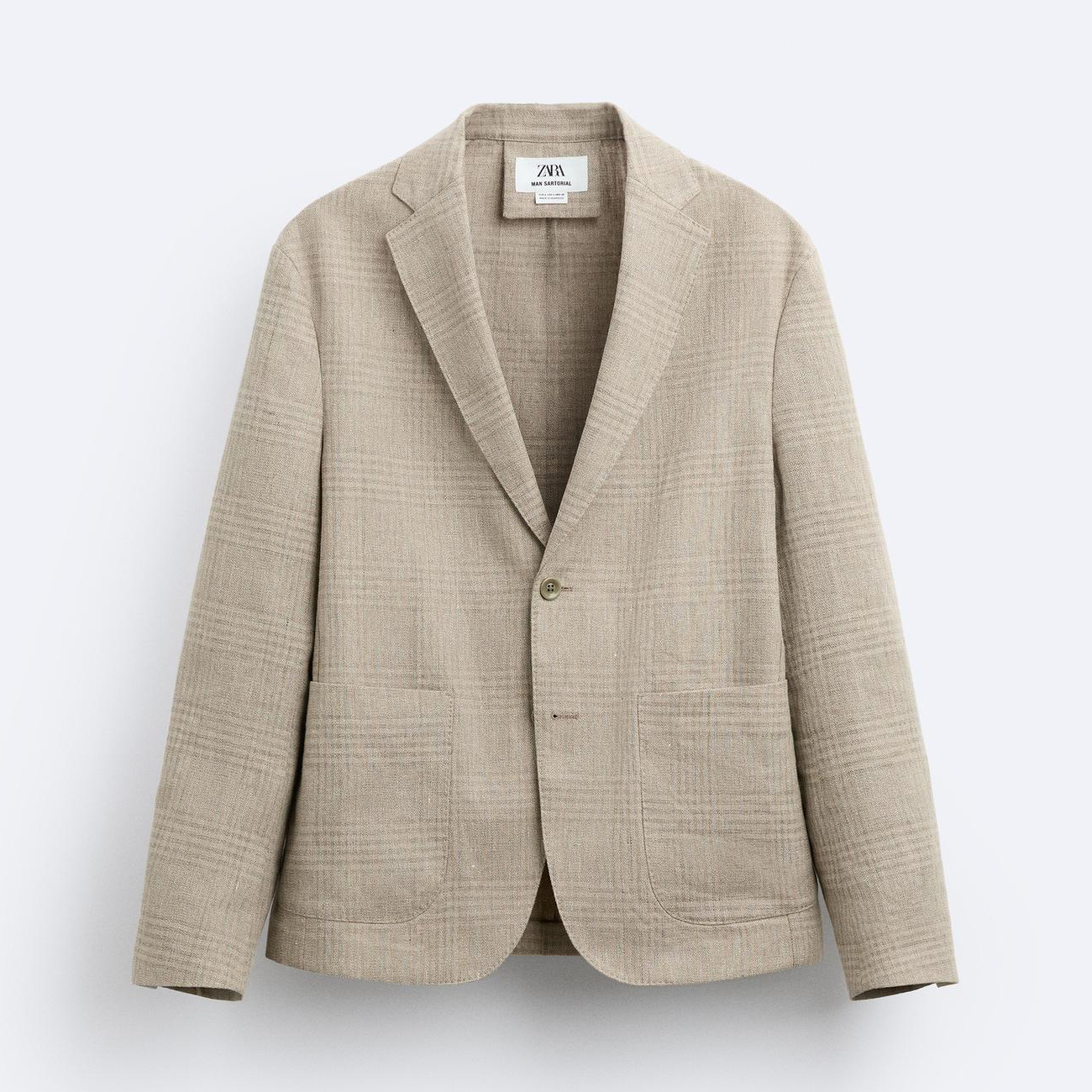 Пиджак Zara Check Linen Blend, бежевый/зеленый