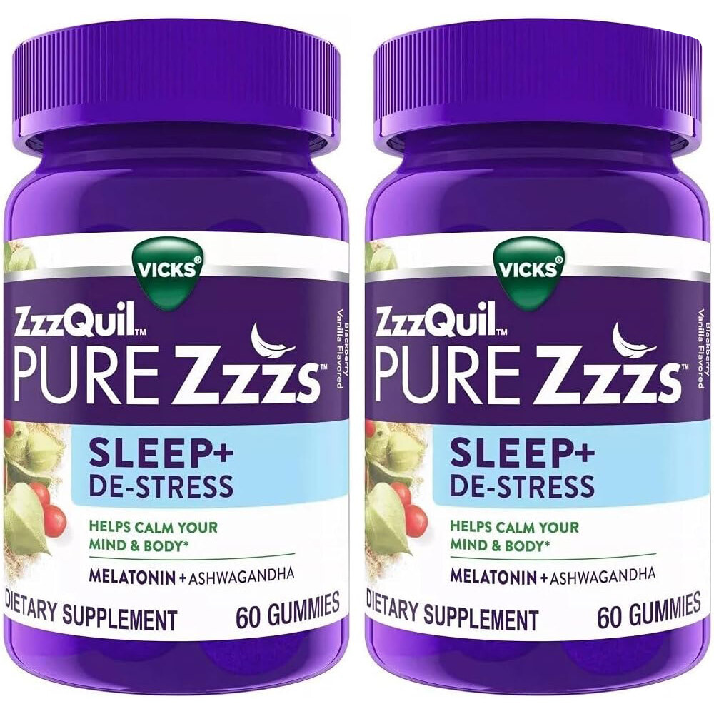 

Мелатонин с ашвагандой ZzzQuil Pure Zzzs Sleep+ De-Stress, 2 х 60 жевательных конфет