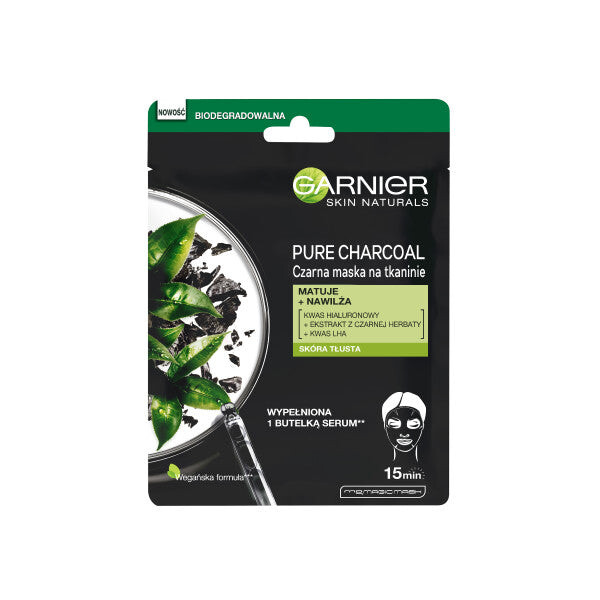 

Garnier Pure Charcoal Black Tissue Mask Матирующая и очищающая тканевая маска с экстрактом черного чая 28г