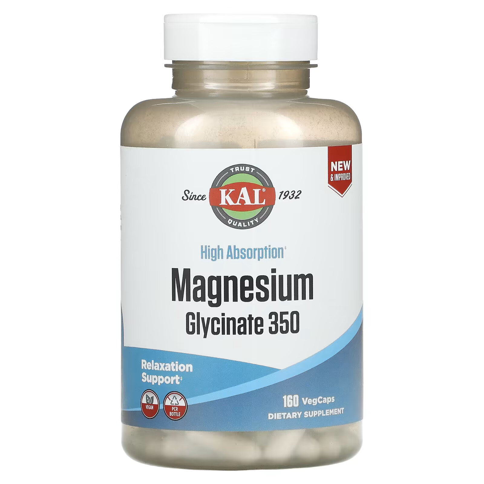 KAL, Глицинат магния с высокой абсорбцией 350, 160 вегетарианских капсул глицинат магния с высокой усвояемостью 180 мягких таблеток kal