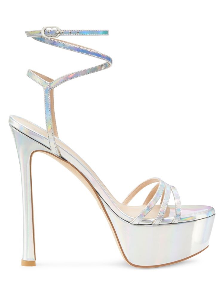 

Сандалии на платформе из лакированной кожи с ремешками Stuart Weitzman, серебро