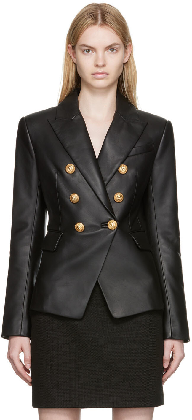

Черная двубортная кожаная куртка Balmain