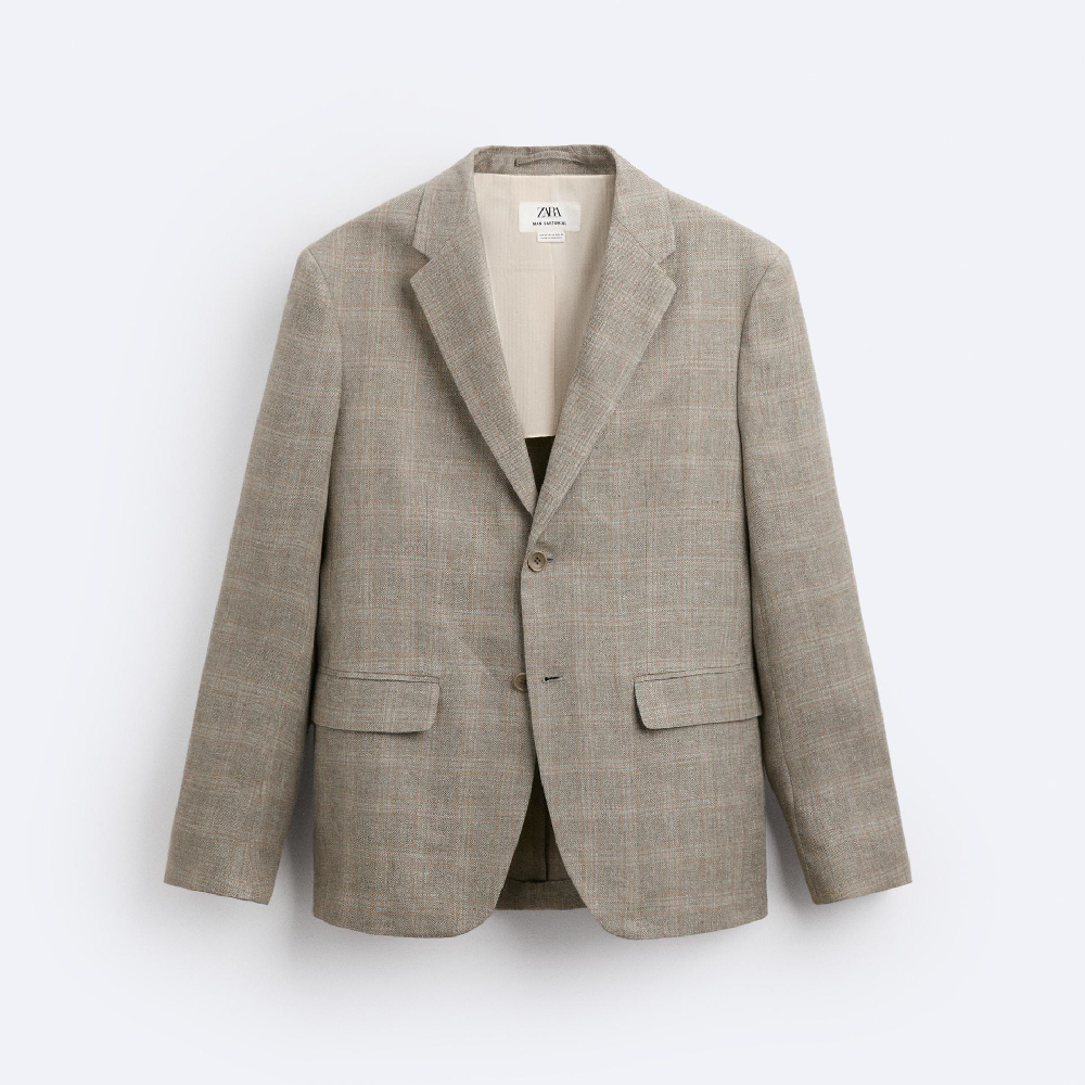 Пиджак Zara 100% Linen Check Suit, серо-коричневый пиджак zara textured suit серо бежевый