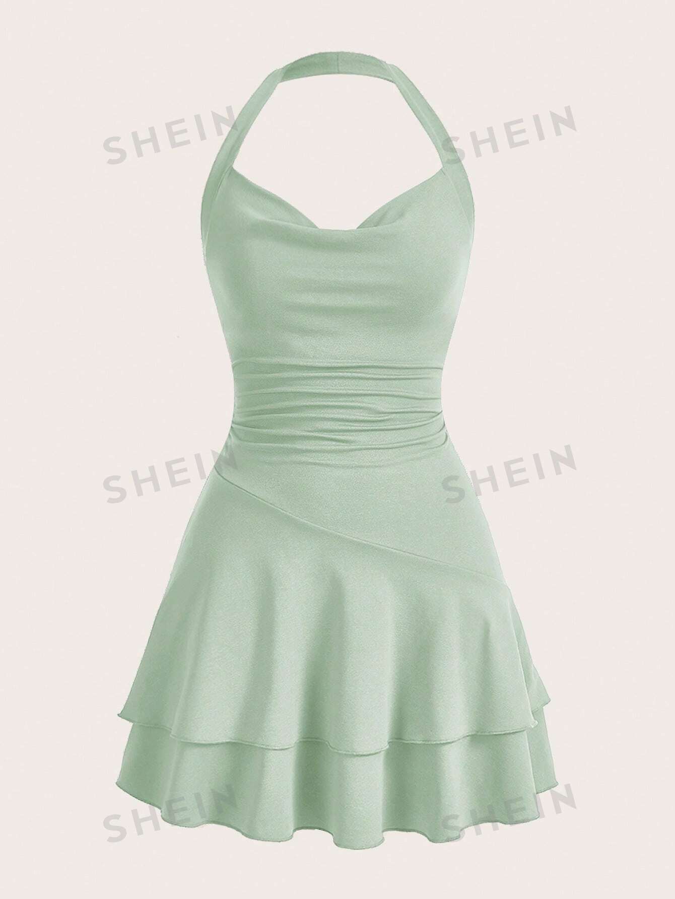 SHEIN MOD однотонное женское платье с бретелькой на шее и многослойным подолом, мятно-зеленый цена и фото