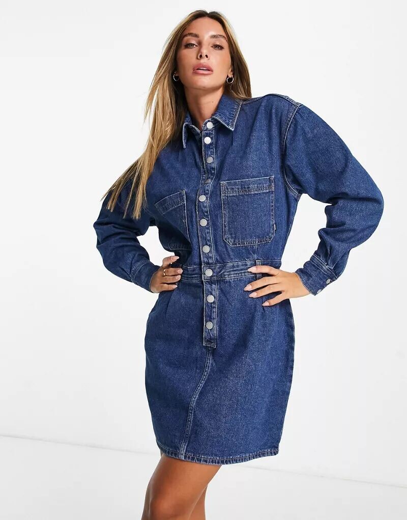 

Темно-синее платье мини на пуговицах Dr Denim, Синий