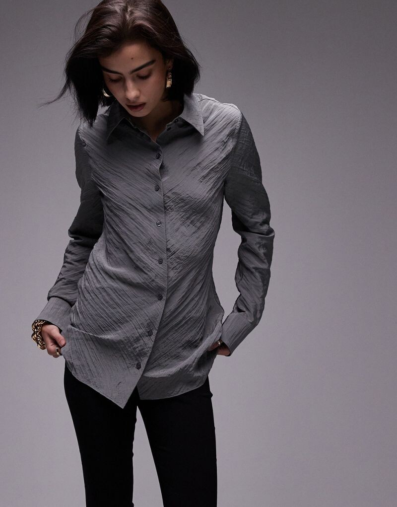 

Темно-серая длинная рубашка из мятого кроя Topshop