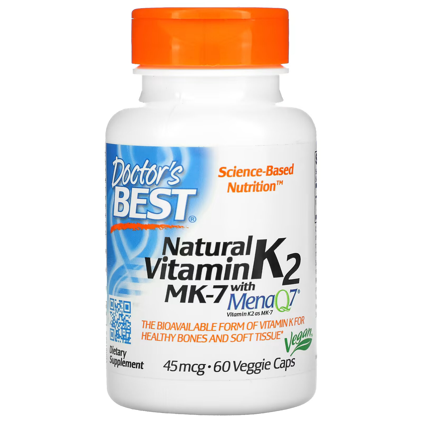 натуральный витамин k2 mk 7 с menaq7 doctor s best 100 мкг 60 растительных капсул Doctor's Best витамин K2 MK-7 с MenaQ7, 45 мкг, 60 вегетарианских капсул