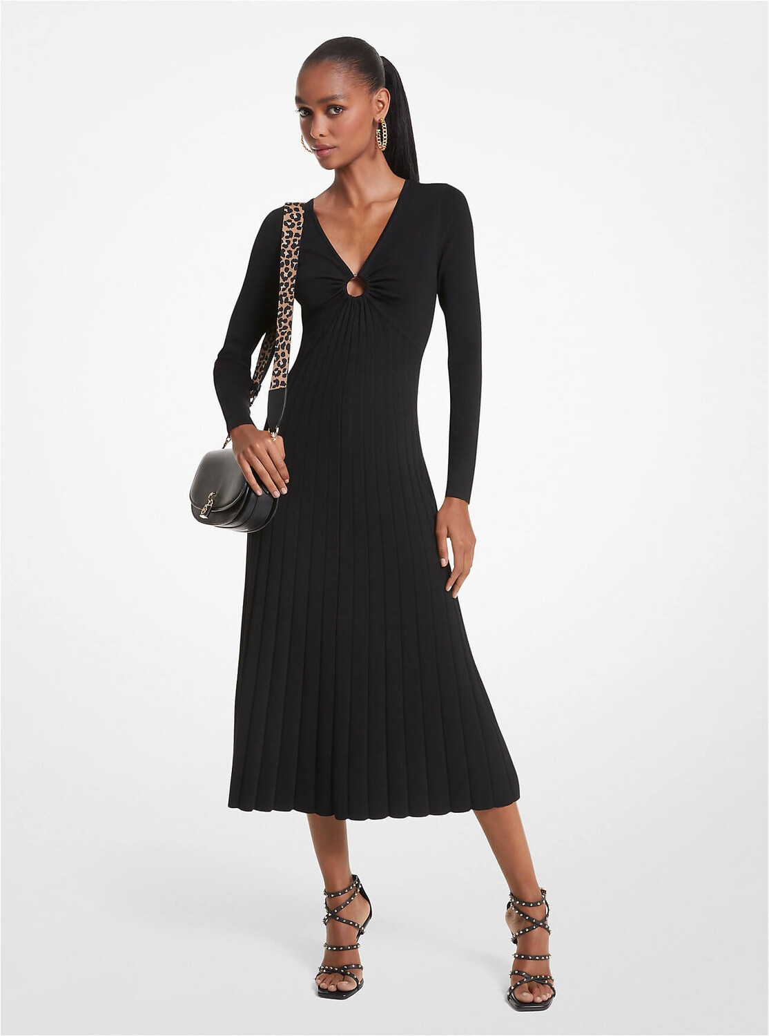 

Платье миди Michael Michael Kors Ribbed Stretch Knit Ring, черный