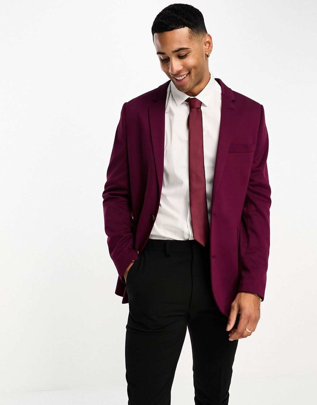 

Бордовый супероблегающий пиджак из джерси ASOS DESIGN