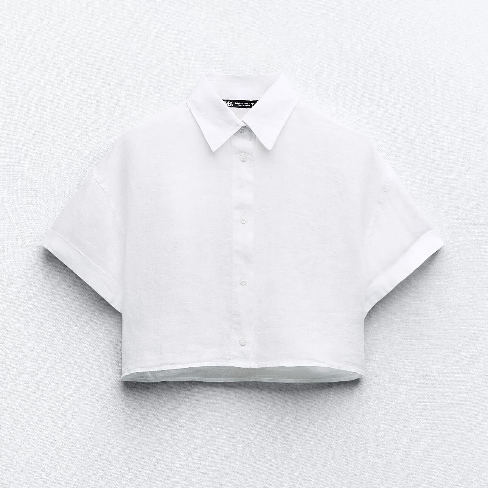 Рубашка Zara Cropped 100% Linen, белый мужская рубашка с отложным воротником уличная повседневная футболка большого размера с 3d рисунком дьявола и короткими рукавами одежда дл