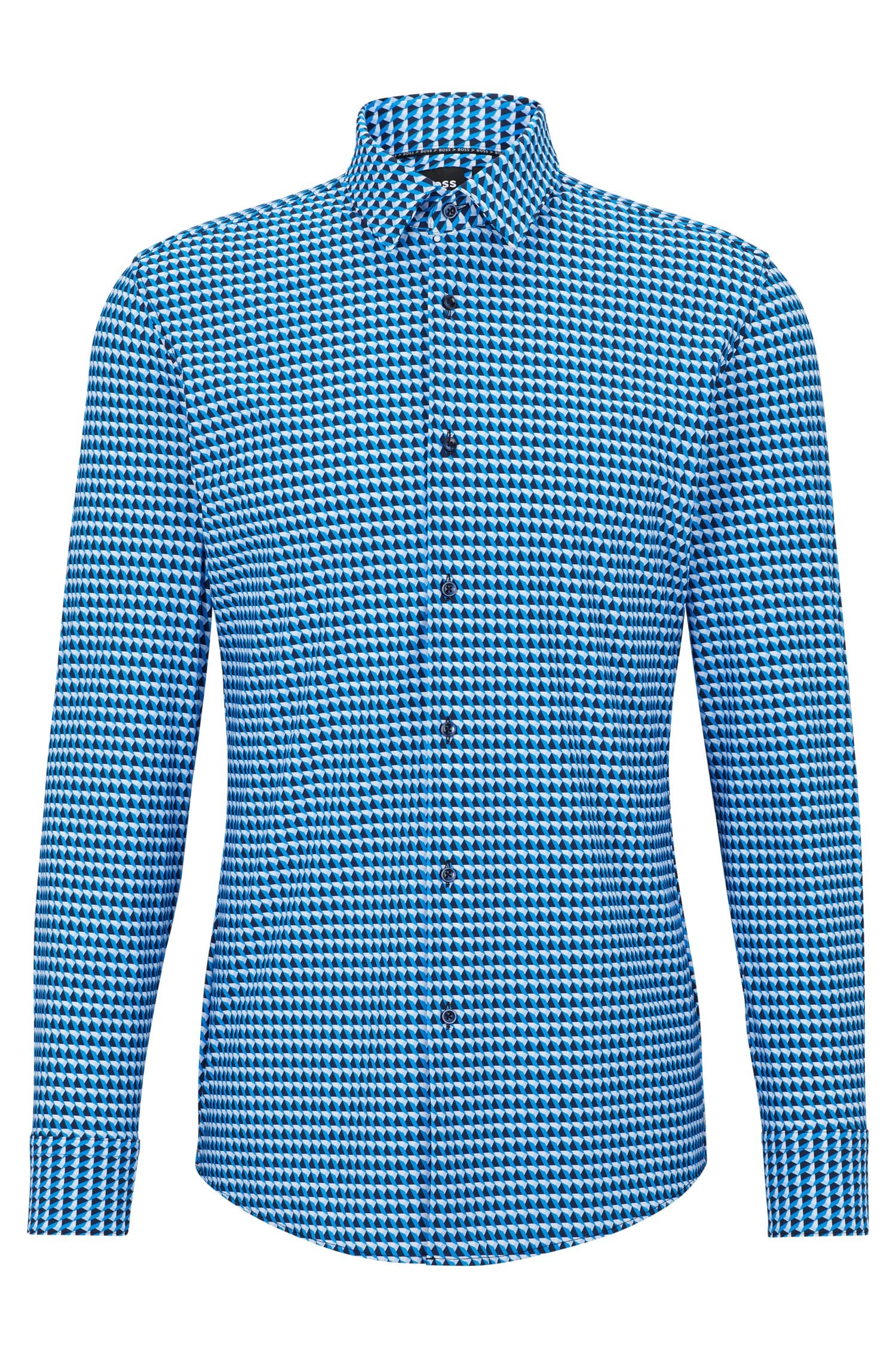 цена Рубашка Hugo Boss приталенного кроя из эластичной ткани с геометрическим принтом, синий/ярко-голубой