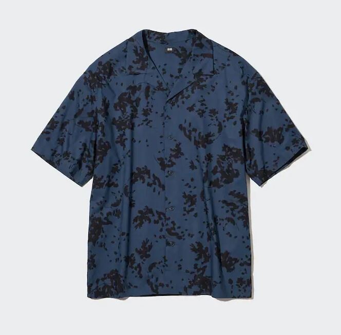 

Рубашка повседневная с короткими рукавами и принтом Uniqlo Cotton Blend Casual Printed Short Sleeved, синий