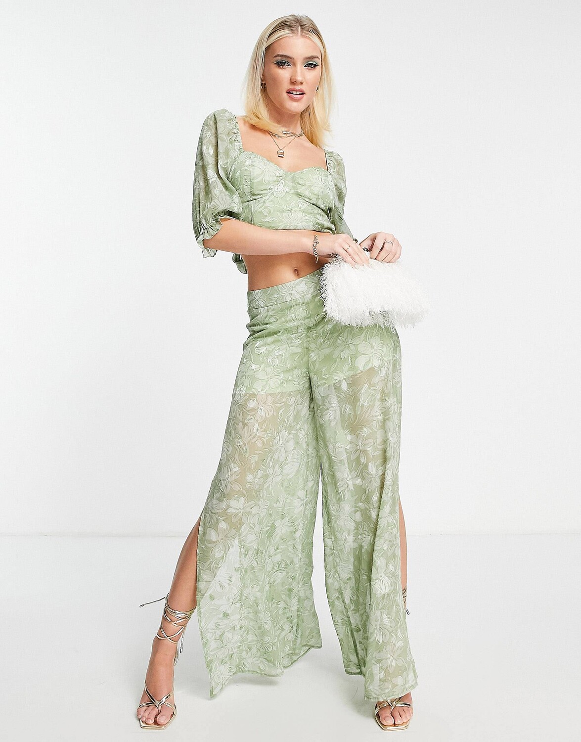 

Широкие жаккардовые брюки цвета шалфея Miss Selfridge, Серый