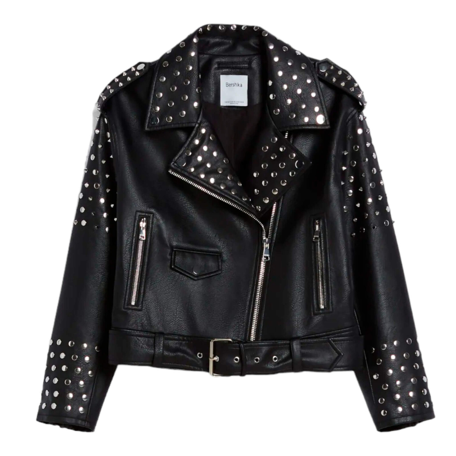 

Куртка Bershka Studded Faux Leather Oversize Biker, черный