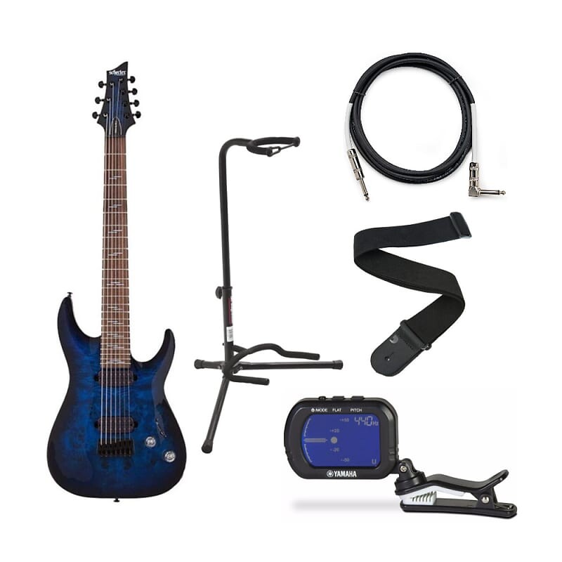 

7-струнная электрогитара Schecter Omen Elite-7 (правая рука, See-Thru Blue Burst) в комплекте с хроматическим тюнером Clip-On, подставкой для гитары на штативе, угловым гитарным кабелем и гитарным ремнем
