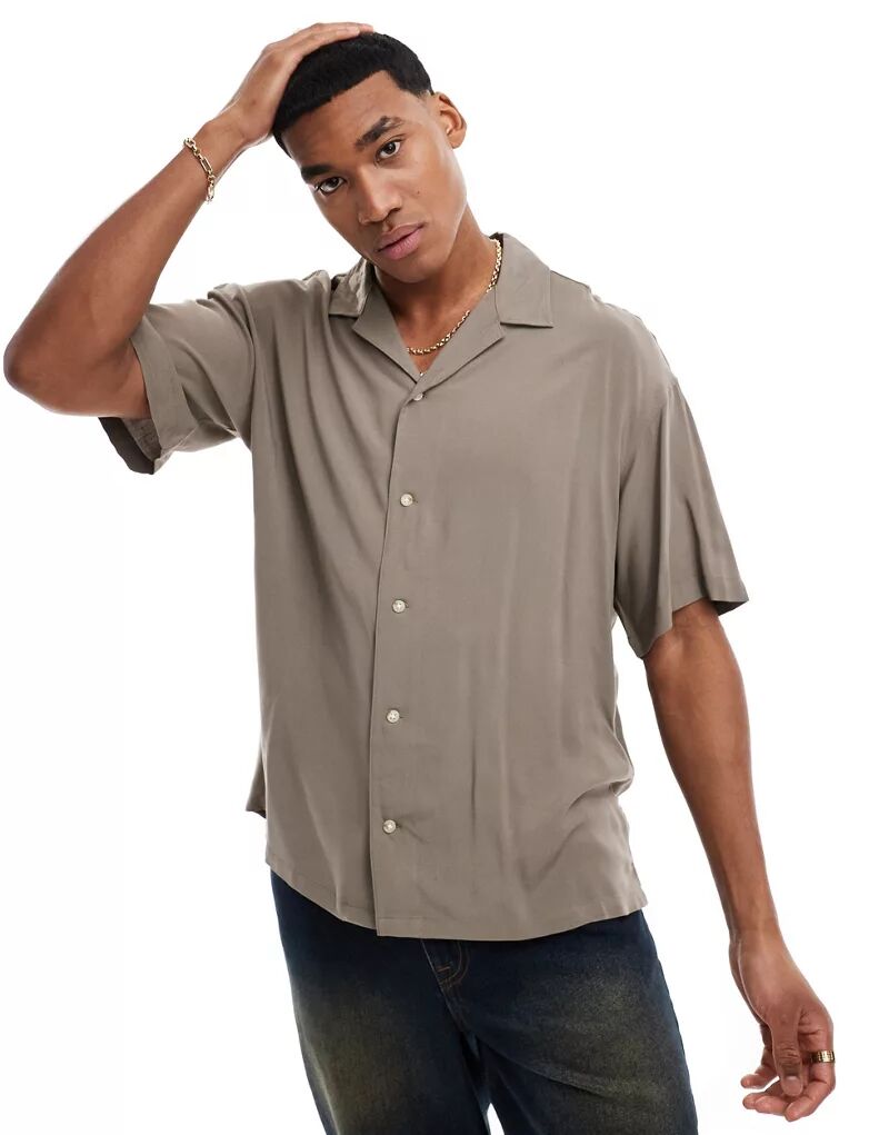 Бежевая рубашка оверсайз с воротником с лацканами ADPT
