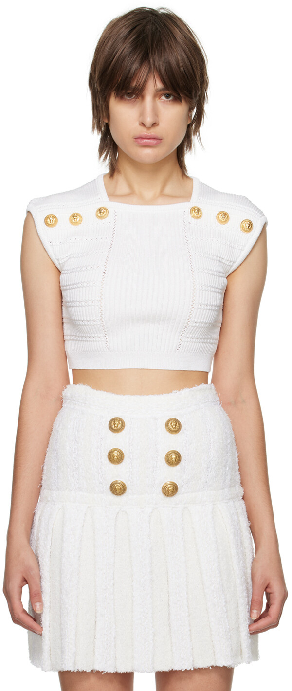 

Белая укороченная футболка Balmain, Белый, Белая укороченная футболка Balmain