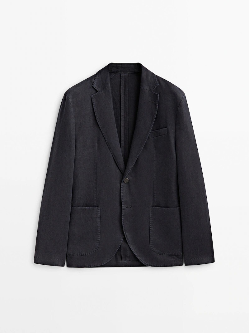 

Окрашенный льняной блейзер Massimo Dutti, темно-синий