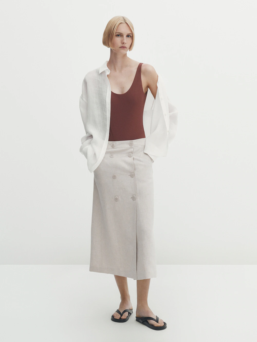

Юбка миди из смешанного льна Massimo Dutti, кремовый