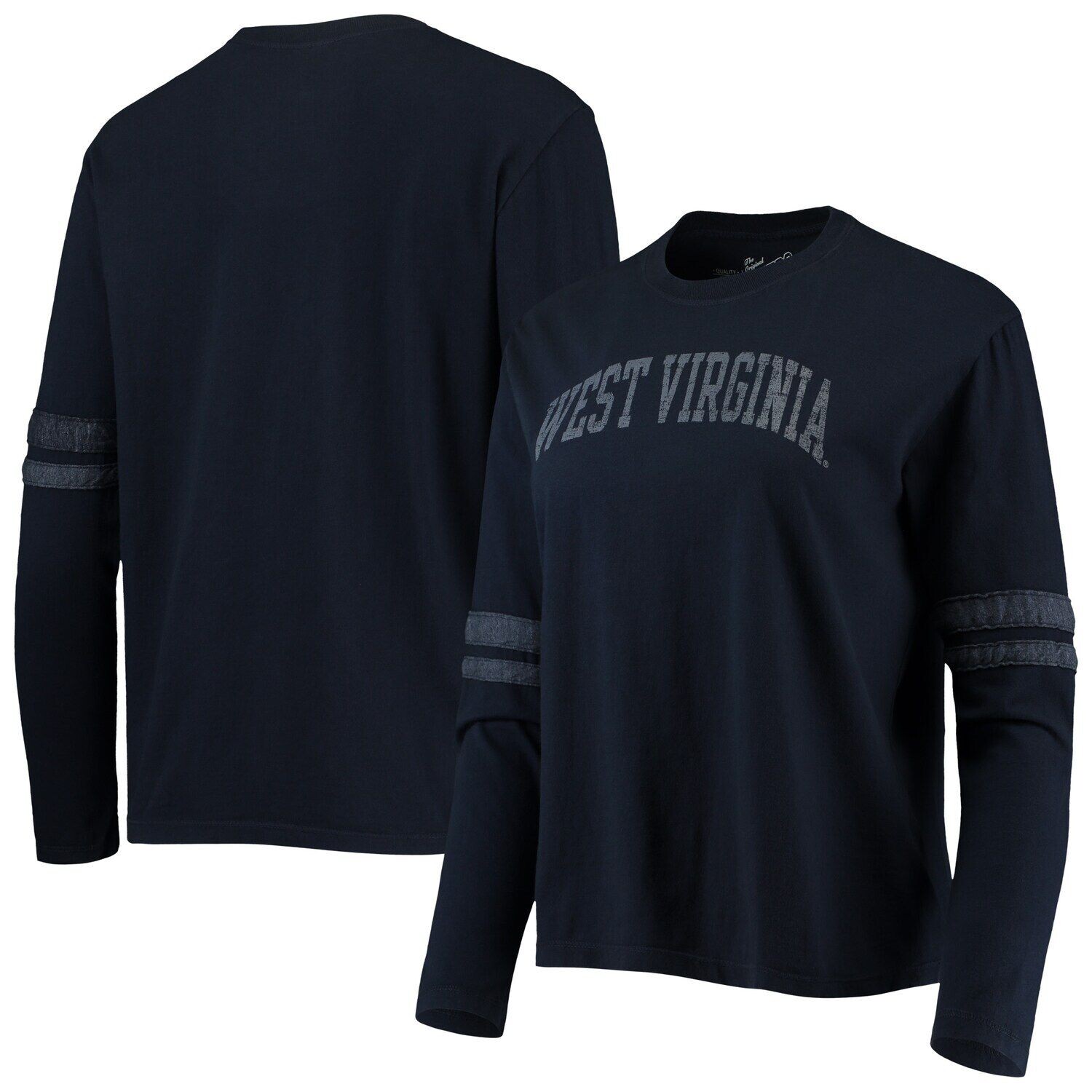 

Женская оригинальная брендовая ретро-темно-синяя футболка West Virginia Mountaineers Vault в винтажную полоску с длинным рукавом