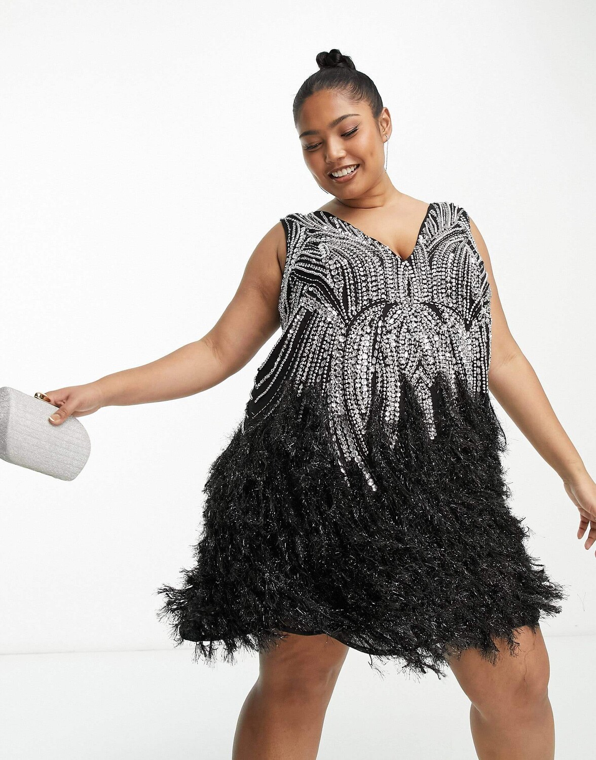 

Платье мини Asos Edition Curve Crystal And Bead With Faux Feather Hem, черный