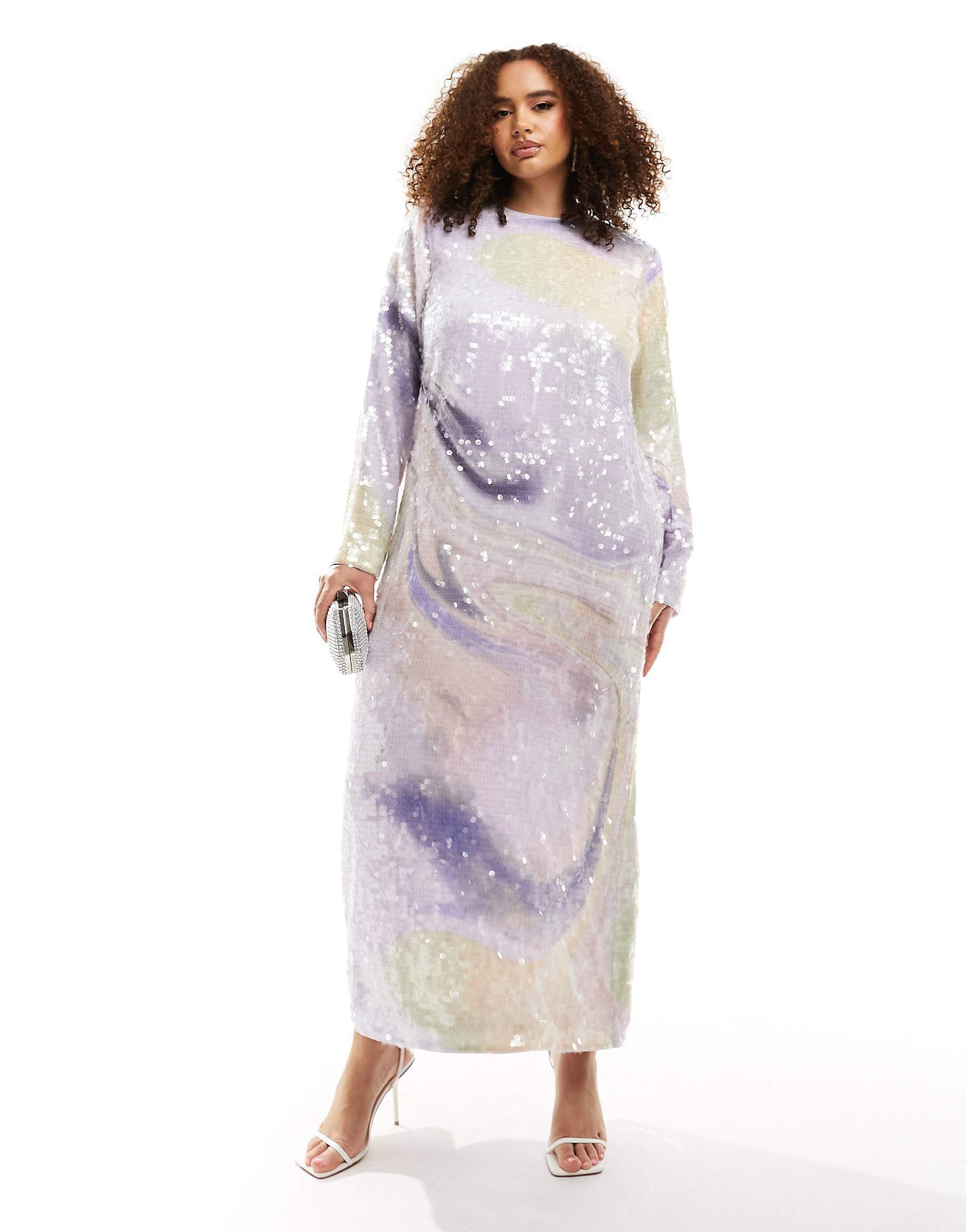 Платье-макси Asos Edition Curve With Sequins Long Sleeves Pastel, светло-бежевый/сиреневый