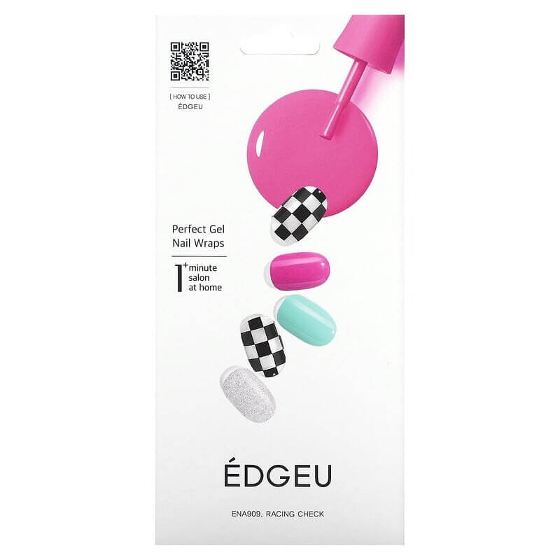 Гелевые полоски Edgeu для ногтей Perfect ENA909 Racing Check, набор из 16 полосок гелевые обертывания для ногтей edgeu perfect ena816 зеркально белые