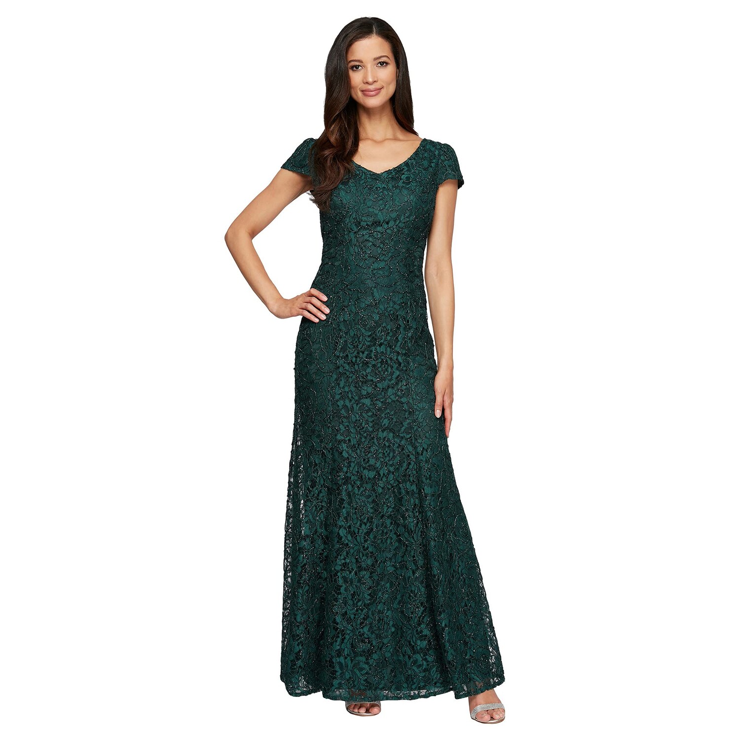 

Платье Alex Evenings, Long V-Neck Fit-and-Flare Dress with Cap Sleeves and Cording Detail