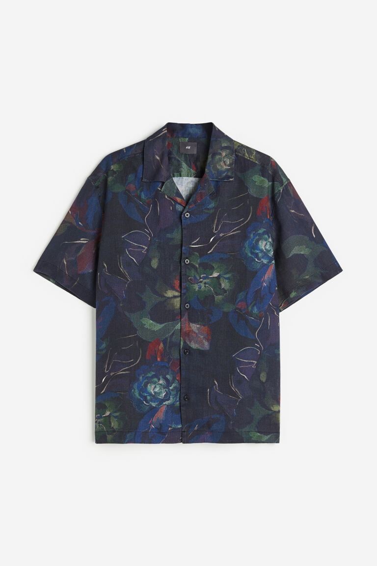 

Льняная курортная рубашка свободного кроя H&M, темно-синий/цветы