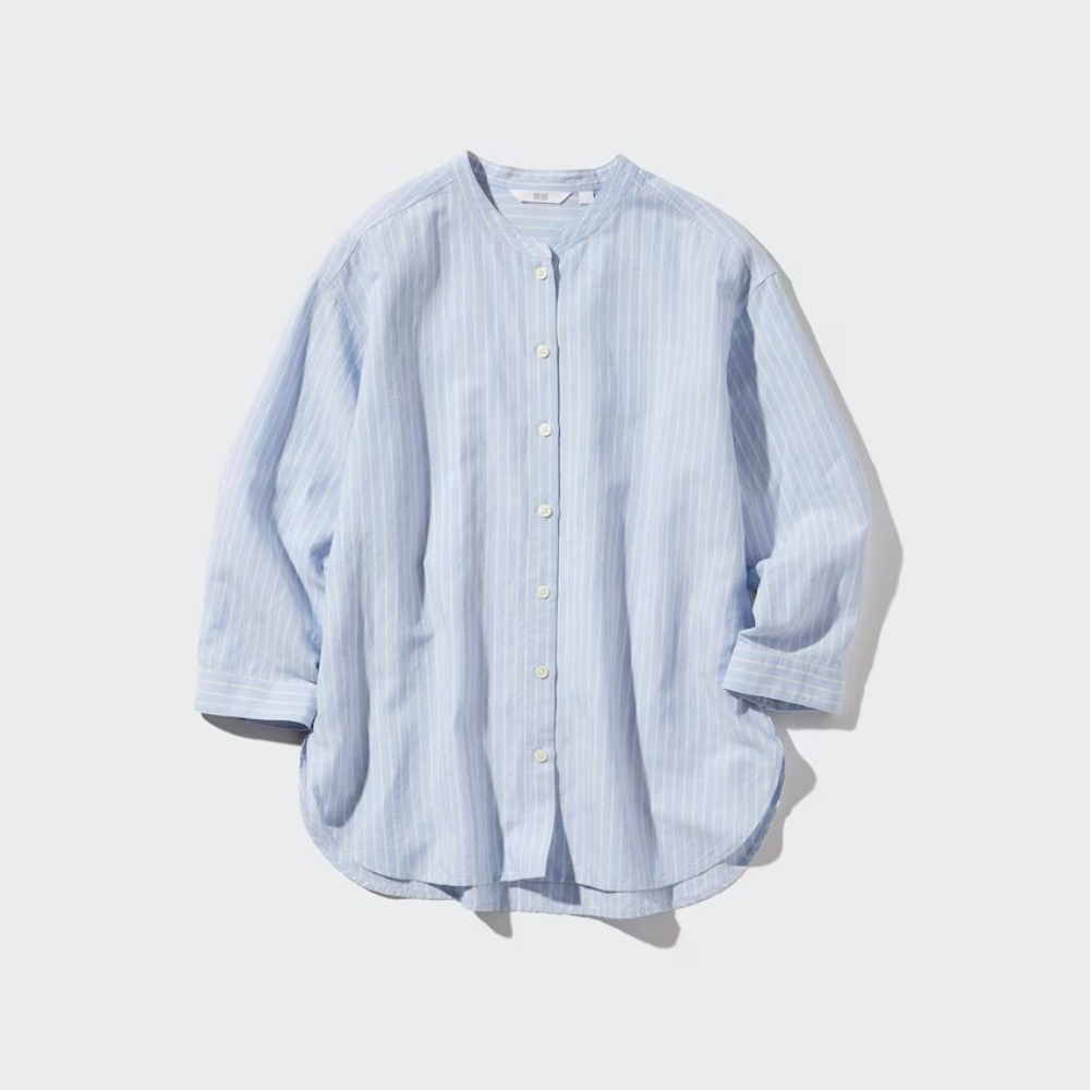 Рубашка Uniqlo linen, светло-синий рубашка uniqlo 100% linen светло серый