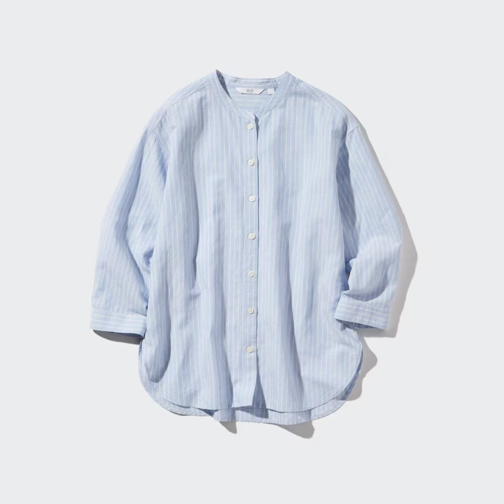 Рубашка Uniqlo linen, светло-синий рубашка uniqlo 100% linen skipper collar 3 4 sleeve светло фиолетовый