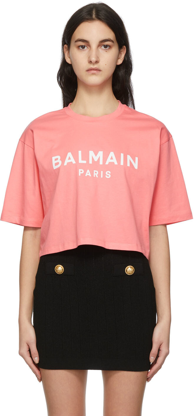 

Розовая укороченная футболка с логотипом Balmain