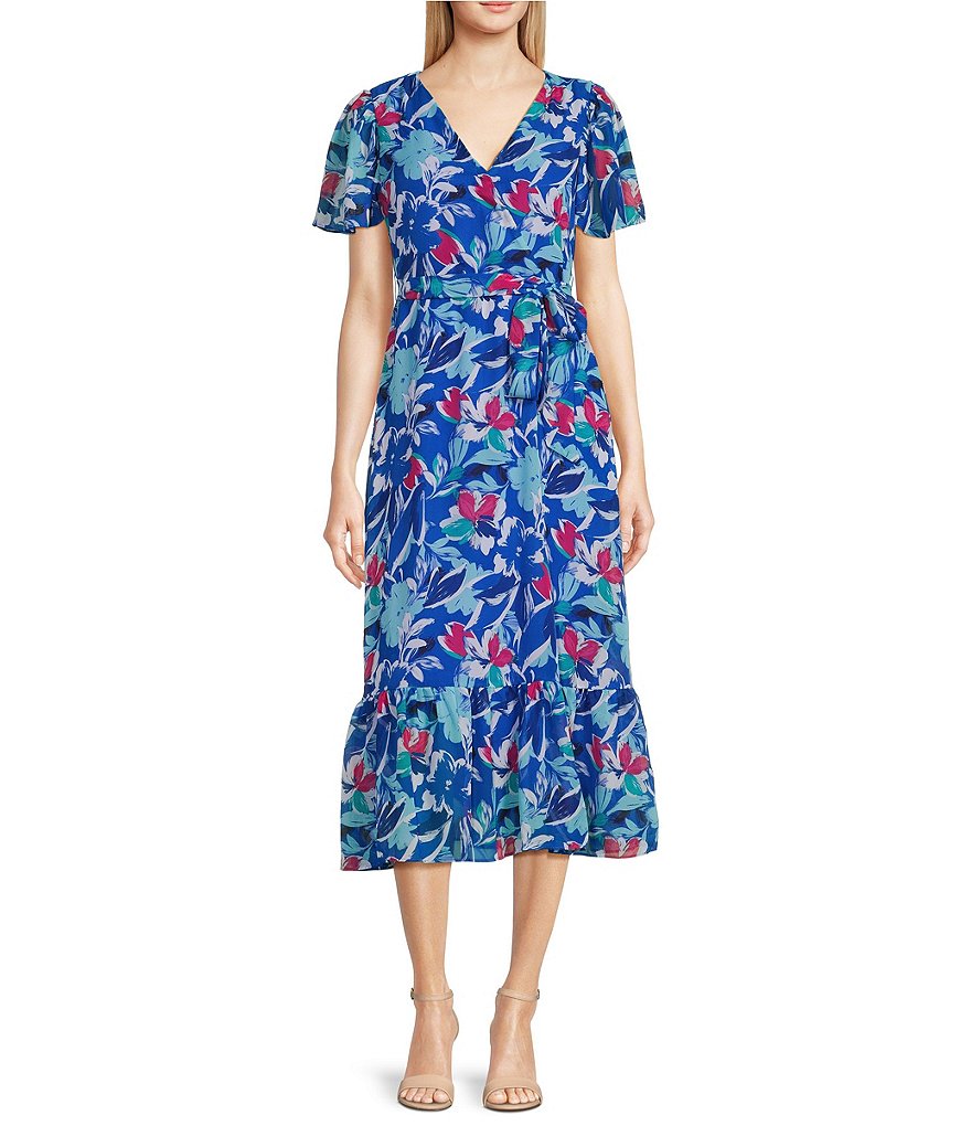 Платье миди Leslie Fay с короткими рукавами и V-образным вырезом и воланами с цветочным принтом, цветочный leslie kelly