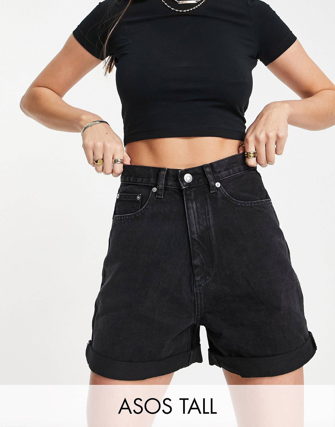 

Черные джинсовые шорты с завышенной талией и напуском ASOS DESIGN Tall