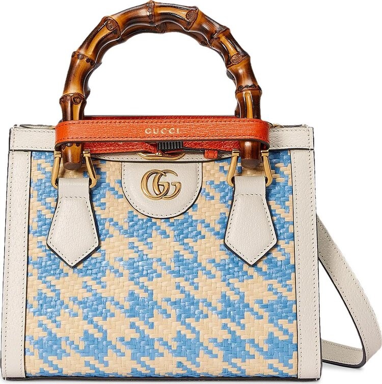 

Сумка Gucci Diana Mini Houndstooth Raffia Effect Tote Bag Blue, синий