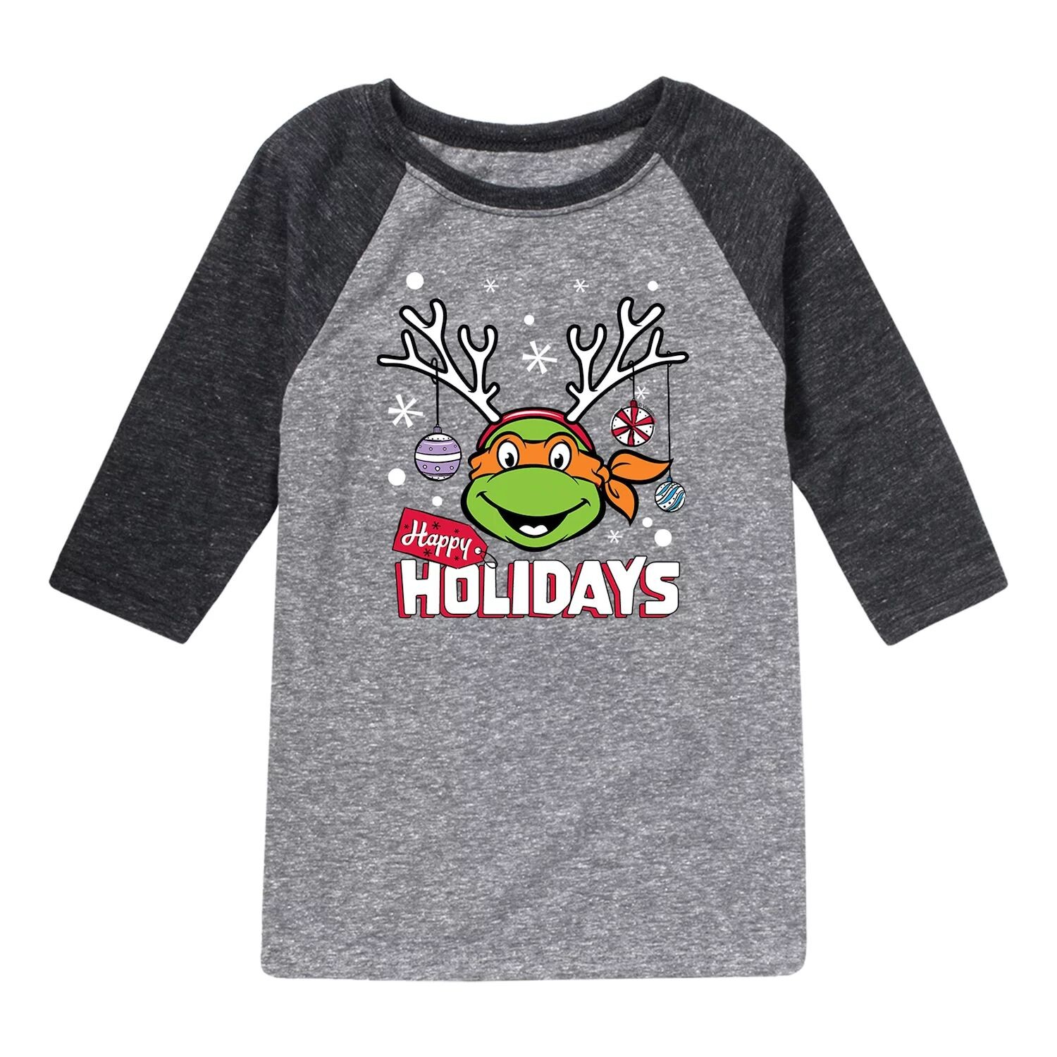 

Футболка с изображением реглан Happy Holidays для мальчиков 8–20 лет TMNT Teenage Mutant Ninja Turtles Licensed Character, серый