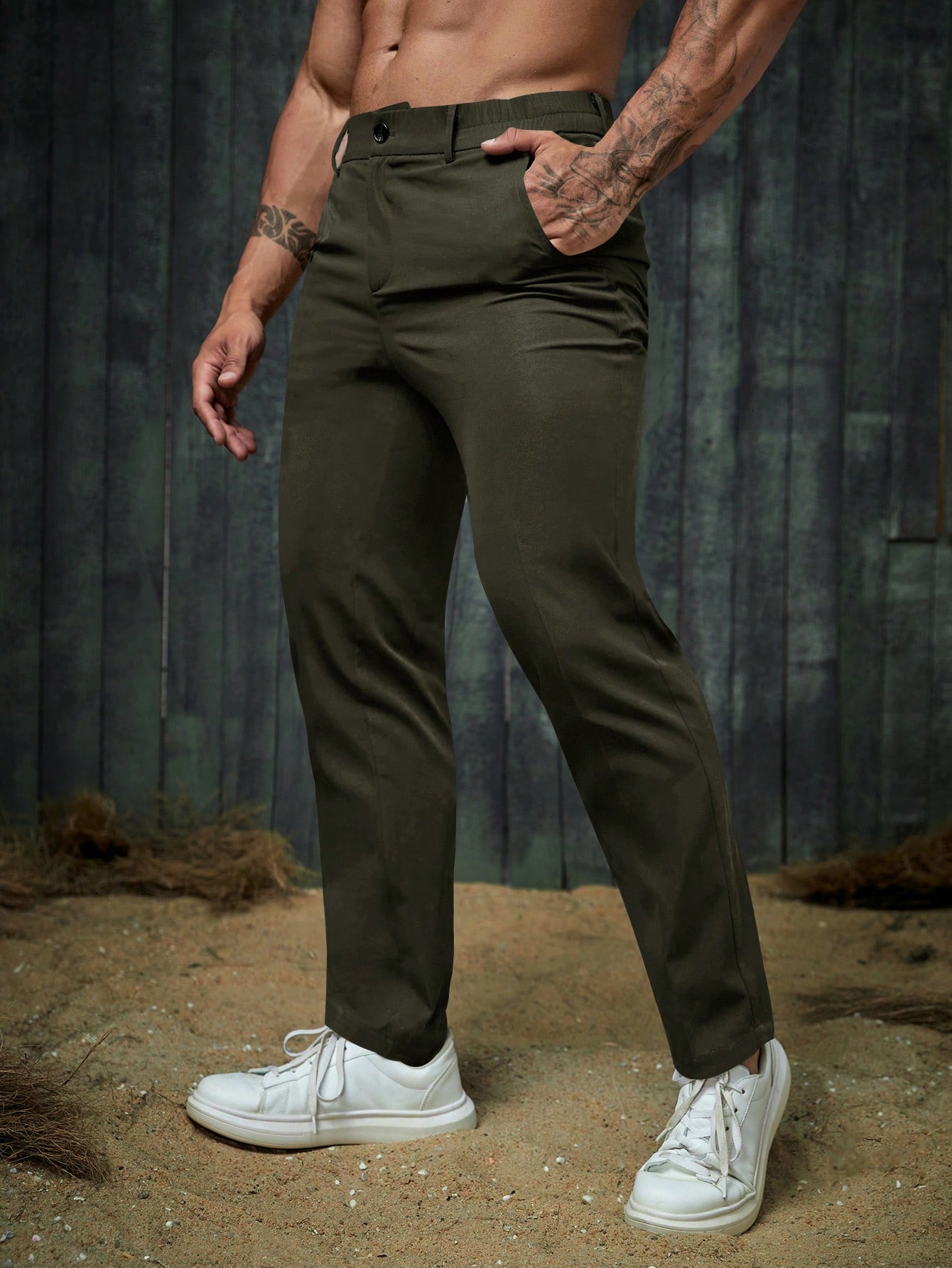 Мужские повседневные однотонные тканые брюки Manfinity Homme, армейский зеленый