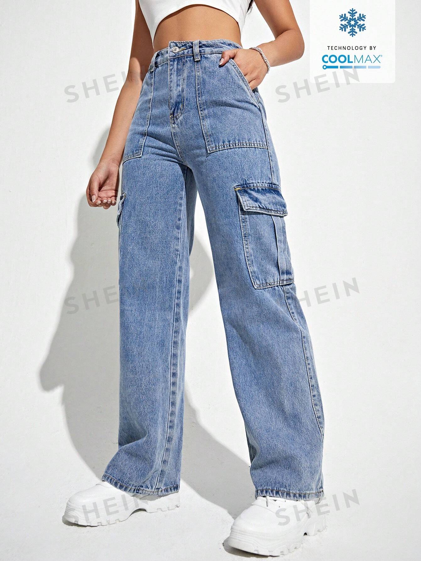 цена SHEIN Coolmax Джинсовые брюки с карманами и откидными карманами в стиле рабочей одежды, средняя стирка
