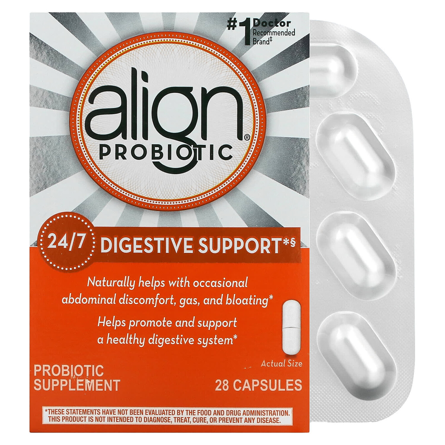 

Поддержка пищеварения 24/7, добавка с пробиотиками, 28 капсул, Align Probiotics
