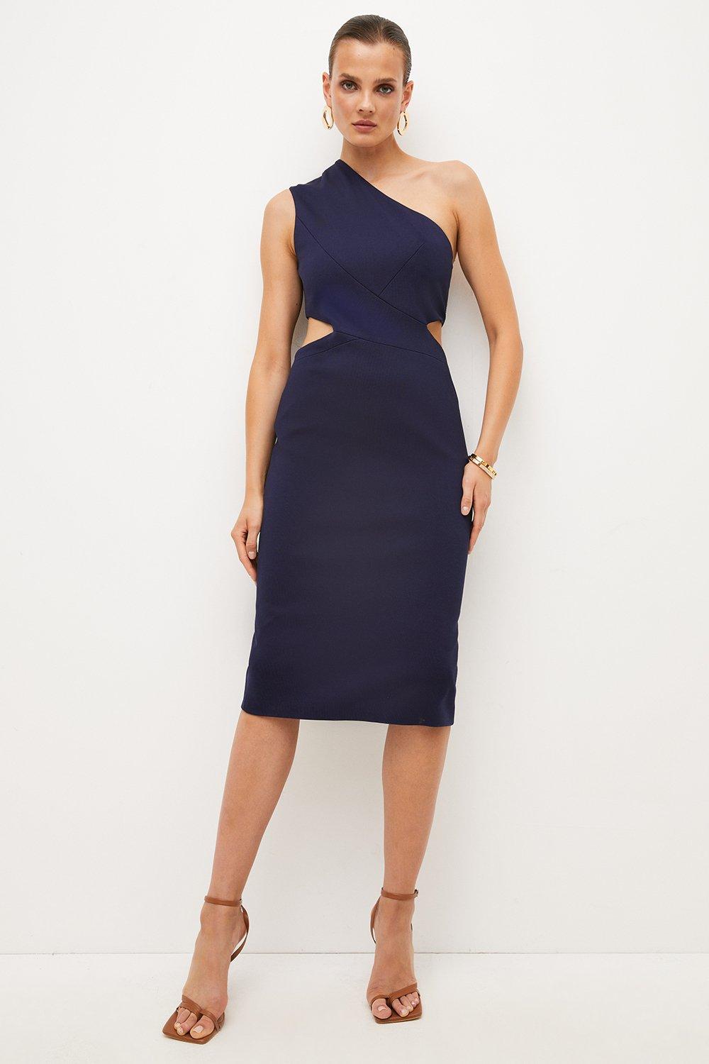 цена Итальянское структурированное асимметричное платье-миди стрейч Karen Millen, синий