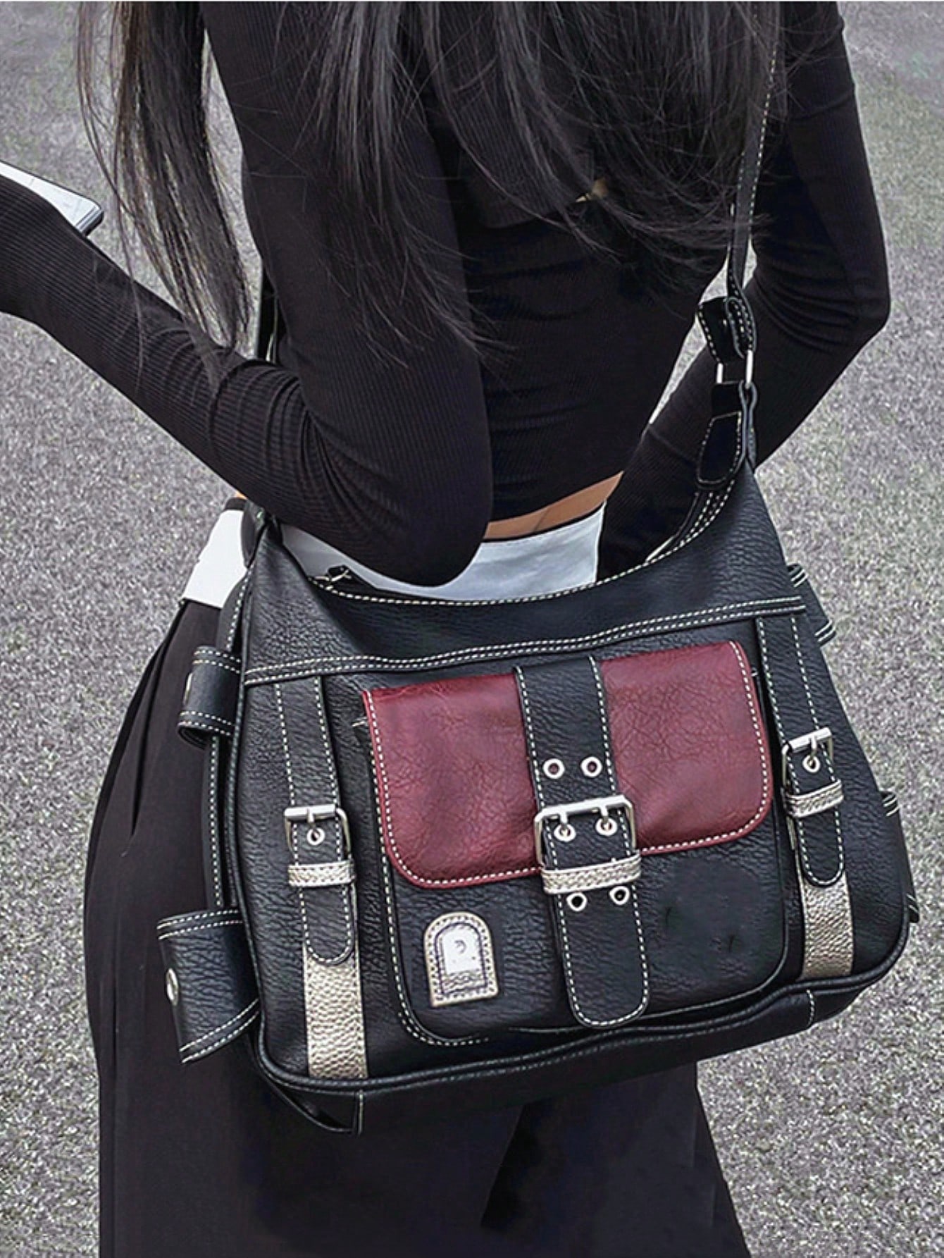 Текстурированная сумка большой вместимости, многоцветный модная двухцветная женская пригородная сумка черный