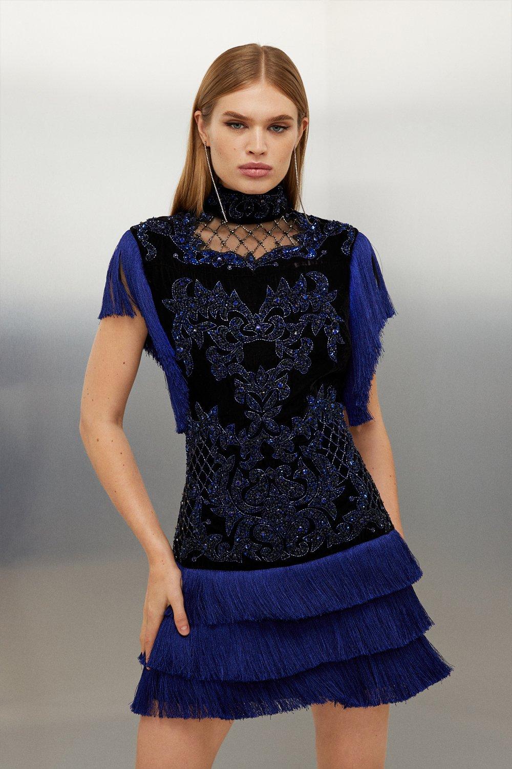 Бархатное тканое мини-платье с бахромой в стиле барокко Karen Millen, синий