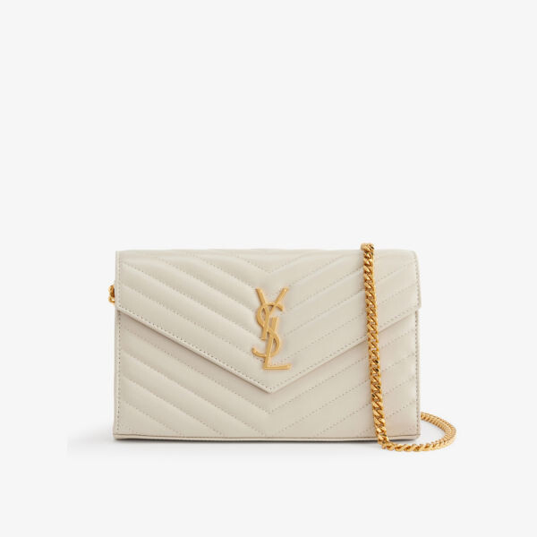 

Стеганый кожаный кошелек с логотипом на цепочке Saint Laurent, белый