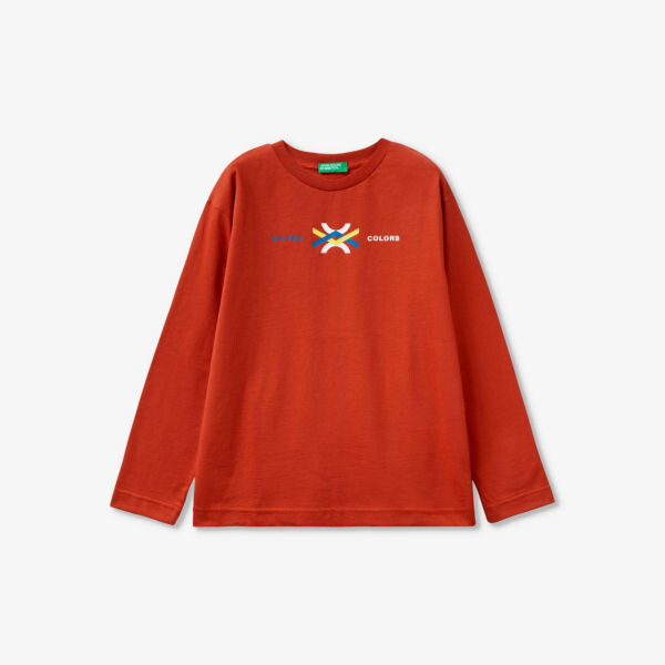 

Хлопковая футболка с длинными рукавами и логотипом, 6–14 лет Benetton, красный